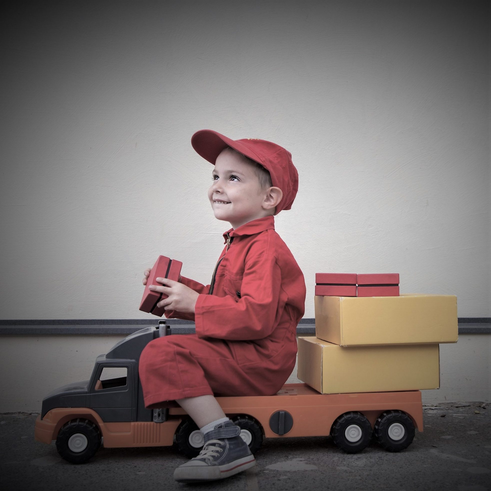 Cute,Smiling,3-4,Year,Old,Boy,In,Red,Overalls,Uniform